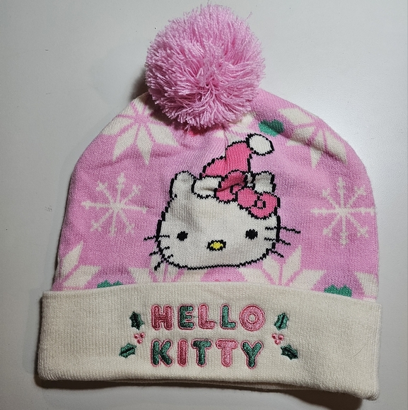 Hello Kitty Accessories - Hello Kitty Pink and White Winter Hat with Pom-Pom